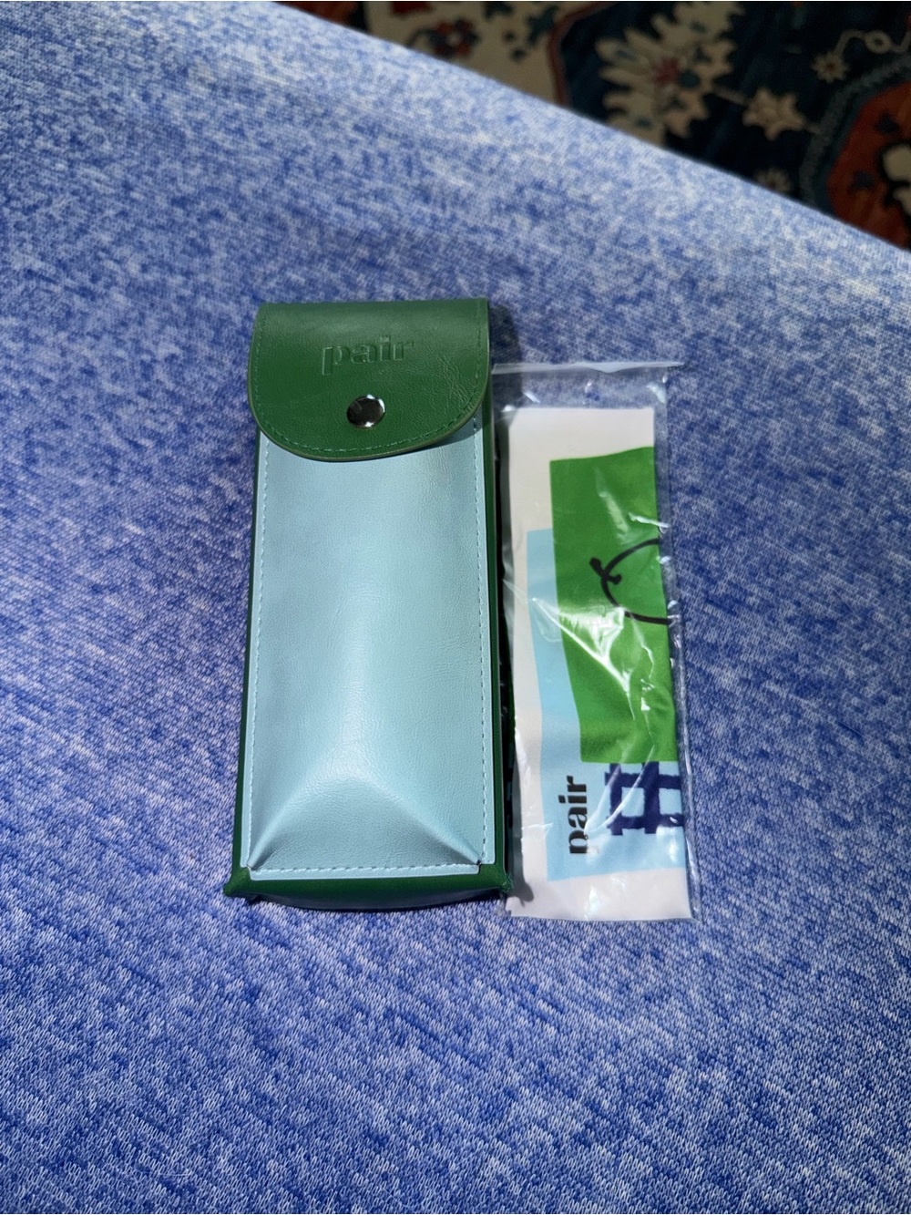 pair Two-Tone Green & Light Blue Eyeglass Case with Cleaning Cloth